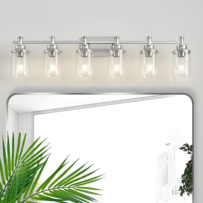 6-Light Bathroom Vanity Light, Brushed Nickel Bathroom Lights Fixtures Over Mirror, Vanity Lights Wall Mount with Clear Glass Shade, Modern Wall Sconce for Bathroom