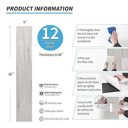 Art3d Peel and Stick Floor Tile Vinyl Wood Plank 12-Pack 18 Sq.Ft, Grey Ash, Rigid Surface Hard Core Easy DIY Self-Adhesive Flooring