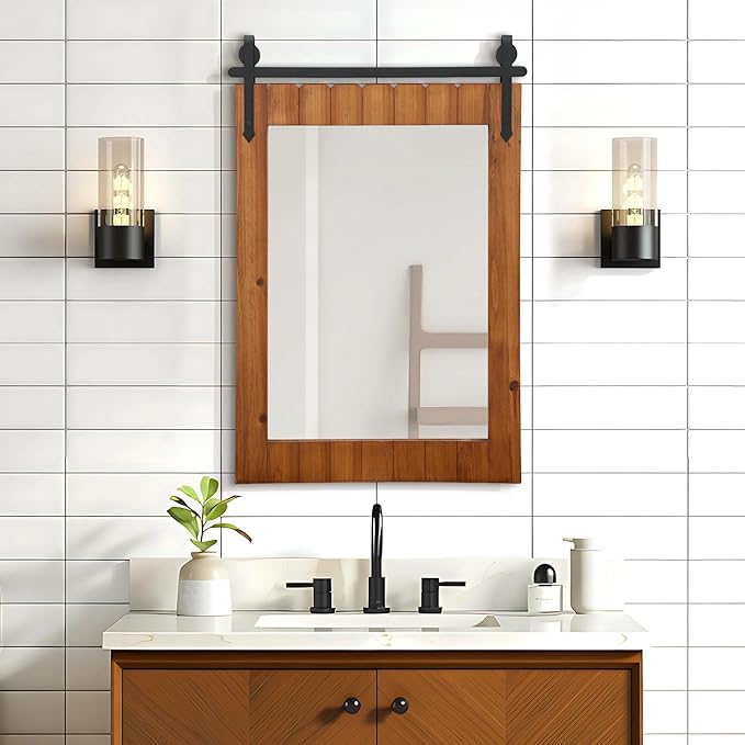 Besdomus Bathroom Rustic Large Mirror: 24"x36" Brown Barn Door Solid Cedar Wood Frame Vanity Mirror - Farmhouse Wall Mounted Mirror for Hallway/Living Room/Bathroom - Home Decor for Fashion-Conscious