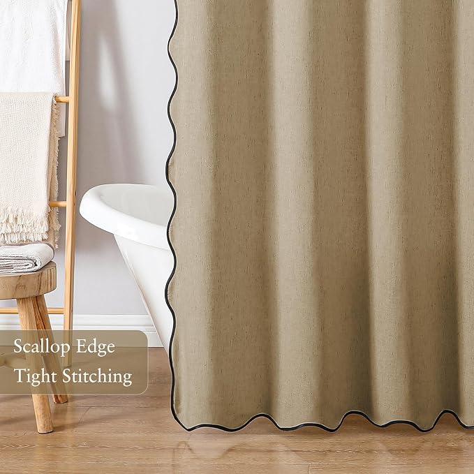 Linen Scallop Shower Curtain with 12 Clear Hooks, Waterproof, 72x72, Khaki | Waterproof Heavy Duty Thick Fabric with Black Border, Minimalist Neutral Boho Farmhouse Bathroom Décor