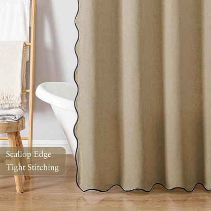 Linen Scallop Shower Curtain with 12 Clear Hooks, Waterproof, 72x72, Khaki | Waterproof Heavy Duty Thick Fabric with Black Border, Minimalist Neutral Boho Farmhouse Bathroom Décor