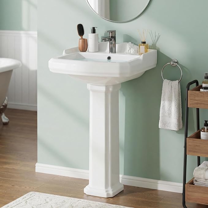 Vintage Pedestal Bathroom Sink - 19x23 Inch Ceramic Vanity Sink with Overflow Hole, Single Hole Faucet Drilling,Freestanding Pedestal Sink for Farmhouse Bathroom