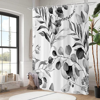 Black Eucalyptus Leaf Stall Shower Curtain, Black Botanical Watercolor Plants Bathroom Curtain Bathtub Home Decor Waterproof Fabric Machine Washable with 6PCS Hooks,36" Wx72 L