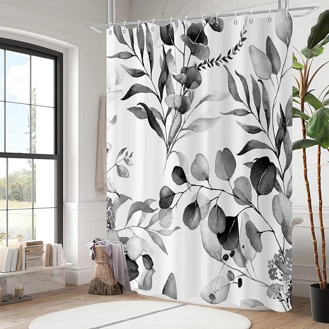 Black Eucalyptus Leaf Long Shower Curtain, Black Botanical Watercolor Plants Bathroom Curtain Bathtub Home Decor Waterproof Fabric Machine Washable with 12 PCS Hooks,72" Wx96 L