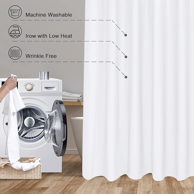 EurCross Extra Long Fabric Shower Curtain Liner 96 inch Length, High Grade Water Repellent Machine Washable Medium Weight White Bathroom Shower Curtain 72 Wide by 96 inches Long