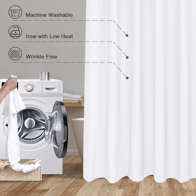 EurCross 72 x 76inch Shower Curtain for Bathroom, Easy Care Machine Washable Fabric Solid White Shower Curtain Liner 76 inch Long Without Hooks