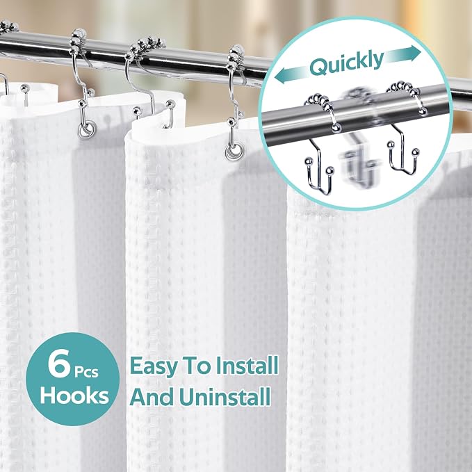 3 in 1 Shower Curtain Set, Waffle Shower Curtain and Liner Set with 6 Double Sided Shower Curtain Hooks, 258GSM Luxury Weighted Cloth Shower Curtain for Shower Stall, 36 W x 72 H, White