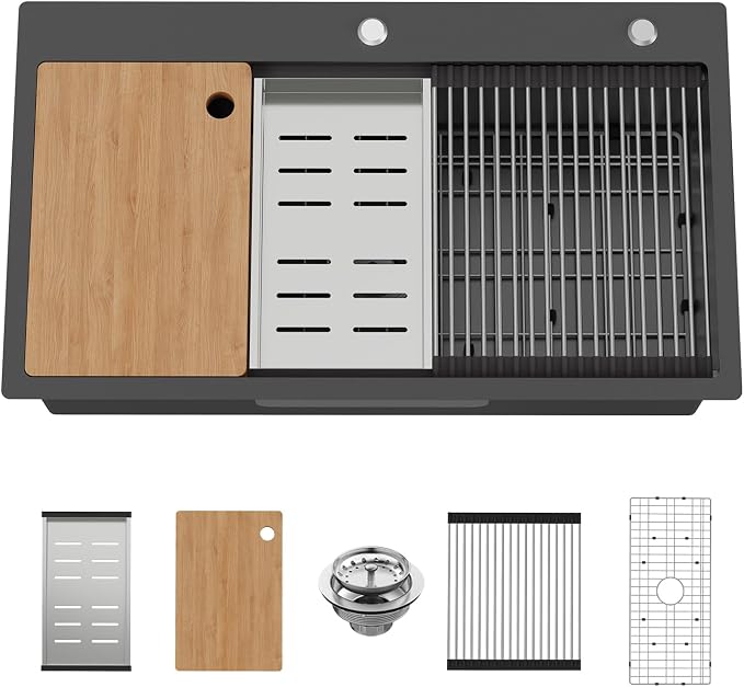 33x19In Black Drop-in Workstation Sink,Stainless Steel,Single Bowl | Modern Topmount Kitchen Sink Combo, Include Grid,Drying Rack,SS Colander,Cutting Board, Compatibility With Various Kitchen