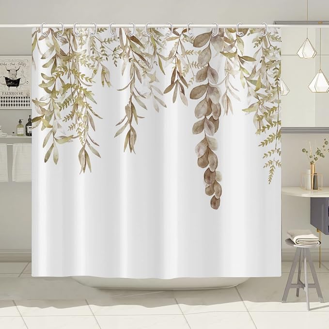 Botanical Shower Curtains Watercolor Autumn Eucalyptus Leaf Plant Tan Bathroom Curtain for Bathtub Waterproof Fabric Machine Washable with 12 Hooks Top Tan Eucalyptus Leaf 72''Lx65''W