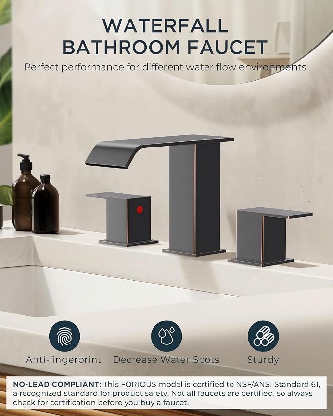 FORIOUS Bathroom Faucets 3 Hole 8 Inch Widespread Sink Oil Rubbed Bronze | 3-hole 4-12 Inch Widespread Sink, Square Waterfall Spout, with Drain and Hoses,for Vanity Rv Commercial Lavatory Restroom