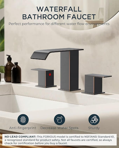 FORIOUS Bathroom Faucets 3 Hole 8 Inch Widespread Sink Oil Rubbed Bronze | 3-hole 4-12 Inch Widespread Sink, Square Waterfall Spout, with Drain and Hoses,for Vanity Rv Commercial Lavatory Restroom