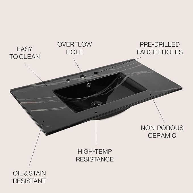 JONATHAN Y SNK1003D Ancillary 3-Hole 36 in. W x 18.25 in. D Classic Contemporary Rectangular Ceramic Single Sink Basin Vanity Top, Black Marble Effect