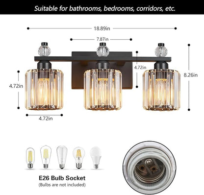 Bathroom Vanity Lights 3-Light Sand Black Modern Crystal Vanity Light Fixtures Over Mirror Crystal Bathroom Vanity Lighting Fixtures