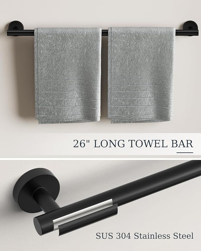 Matte Black Bathroom Hardware Set 10 Pieces Stainless Steel | Evolvegoods Bathroom Hardware Set, Includes 26 inch Towel Bar, 4 Towel Hook, 2 Towel Ring Toilet Paper Holder