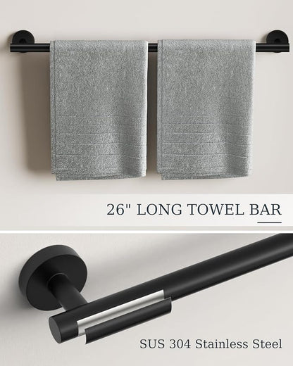 Matte Black Bathroom Hardware Set 10 Pieces Stainless Steel | Evolvegoods Bathroom Hardware Set, Includes 26 inch Towel Bar, 4 Towel Hook, 2 Towel Ring Toilet Paper Holder