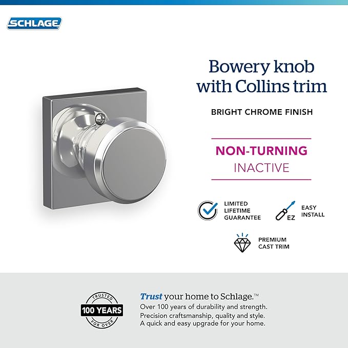 Schlage F170 BWE 625 COL Bowery Knob with Collins Trim Non-Turning Dummy Door Handle, Bright Chrome