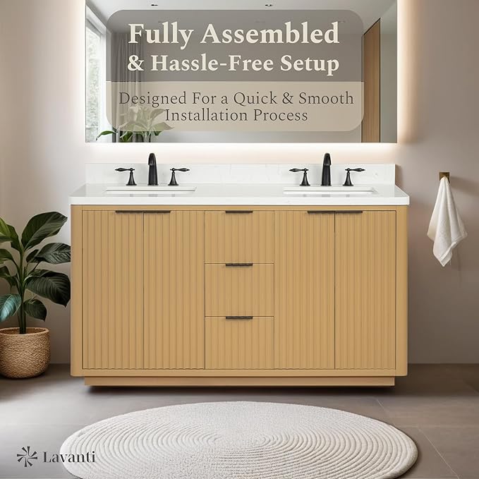 Lavanti Wooderna 60 Inch Bathroom Vanity with Sink – Stylish Firwood Oak Vanity Bathroom with Storage Cabinet – Modern Bathroom Vanities with Double Vanity Sink & Quartz Countertop