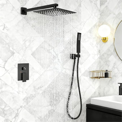 Matte Black Square Shower Head with Handheld Set, Rainfall Shower System Modern Wall Mounted Shower Faucet for Bathroom 10 inch (With Shower Valve)