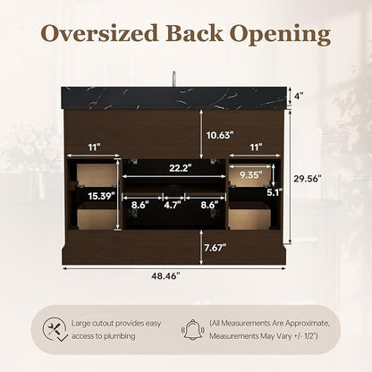 48" Bathroom Vanity with Sink, Fully Assembled, Walnut | Solid Wood Frame with Quartz Countertop, Ceramic Sink & Backsplash, Soft-Close Doors and 6 Full-Extension Drawers
