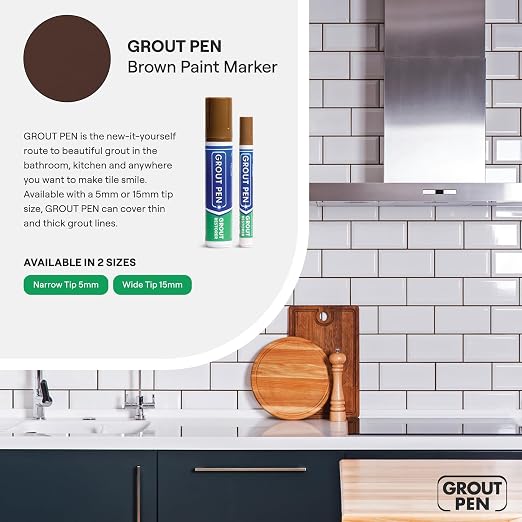 Grout Pen Brown Tile Grout Paint Marker - 2 Pack w/Extra Tips (7mL) | Waterproof Grout Refresh Restorer for Kitchen & Bathroom, Tile Grout Colorant and Sealer Pens - Narrow Tip 5mm - Brown