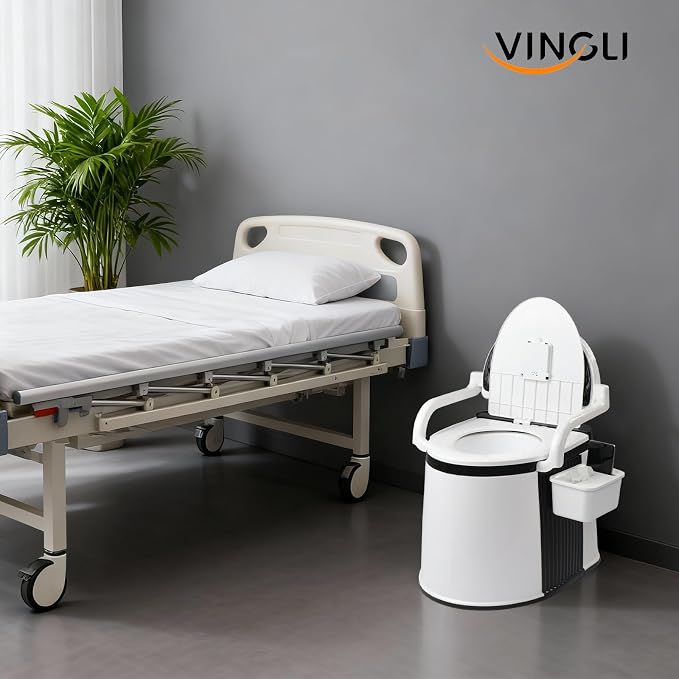 VINGLI Portable Toilet | Back & Handrail Design Commode with 5 Gallon Bucket Inner, Camping RV Toilet for Adult, Kids, Home, Boat, Van, Travel, Black