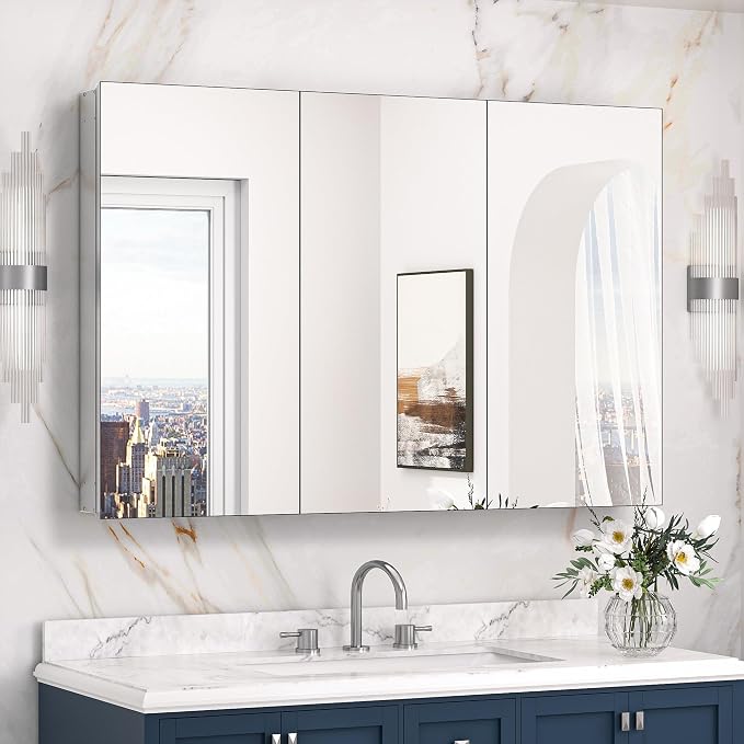 Keonjinn 48" x 32" Oversized Bathroom Medicine Cabinet with Mirror, Silver | Assembly Required, Lightweight Aluminum Structure, Free Adjustable Shelves, Combined Recessed or Surface Mount, DTC Hinges
