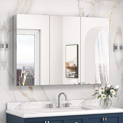Keonjinn 48" x 32" Oversized Bathroom Medicine Cabinet with Mirror, Silver | Assembly Required, Lightweight Aluminum Structure, Free Adjustable Shelves, Combined Recessed or Surface Mount, DTC Hinges