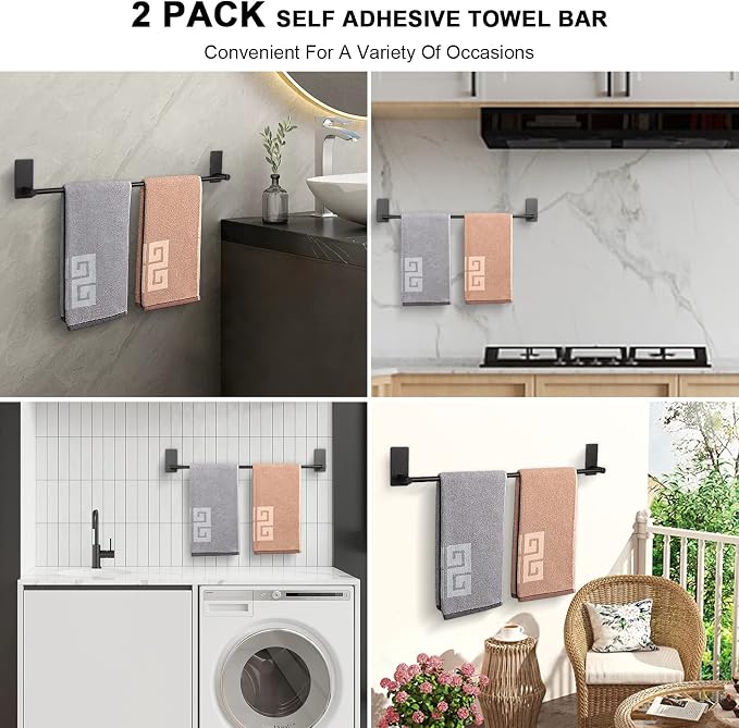 NearMoon Self Adhesive Bathroom Towel Bar- Stainless Steel Bath Wall Shelf Rack Hanging Towel Stick On Sticky Hanger Contemporary Style, NO Drilling (2 Pack, Matte Black, 24-Inch Towel Rack)