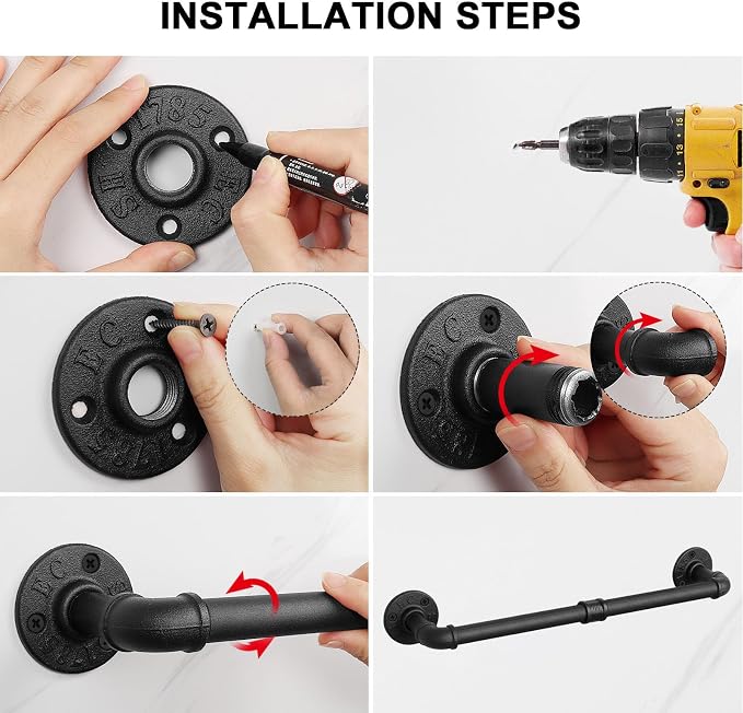 5-Pieces Industrial Pipe Bathroom Accessories Hardware Kit DIY Wall Mounted Includes Towel Bar Robe Hooks Toilet Paper Holder and Towel Ring (Black, 18 Inch)