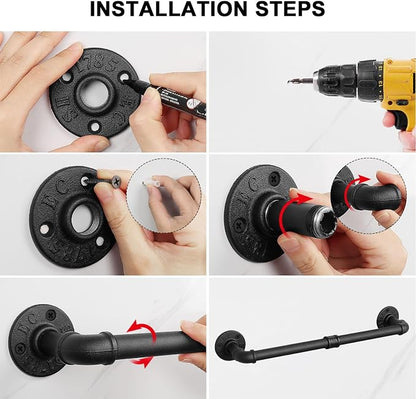 5-Pieces Industrial Pipe Bathroom Accessories Hardware Kit DIY Wall Mounted Includes Towel Bar Robe Hooks Toilet Paper Holder and Towel Ring (Black, 18 Inch)