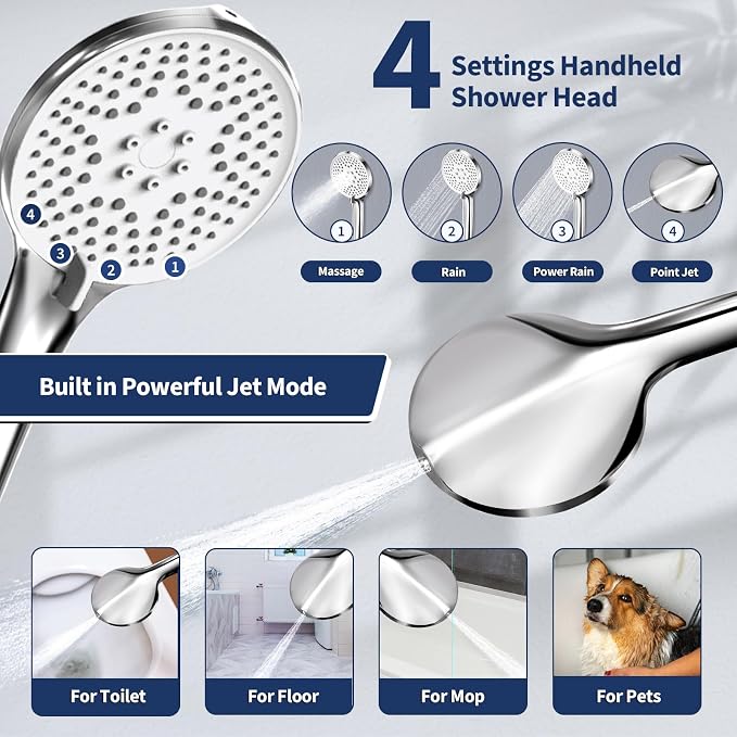 Airlex Shower Head Rain Shower Head with Handheld Spary, High Pressure Rainfall Showerhead and 4 Modes Handheld Shower Heads Built-in Power Wash with 71 Inch Stainless Steel Hose, 8'' Sliver