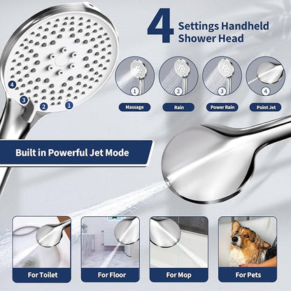 Airlex Shower Head Rain Shower Head with Handheld Spary, High Pressure Rainfall Showerhead and 4 Modes Handheld Shower Heads Built-in Power Wash with 71 Inch Stainless Steel Hose, 8'' Sliver