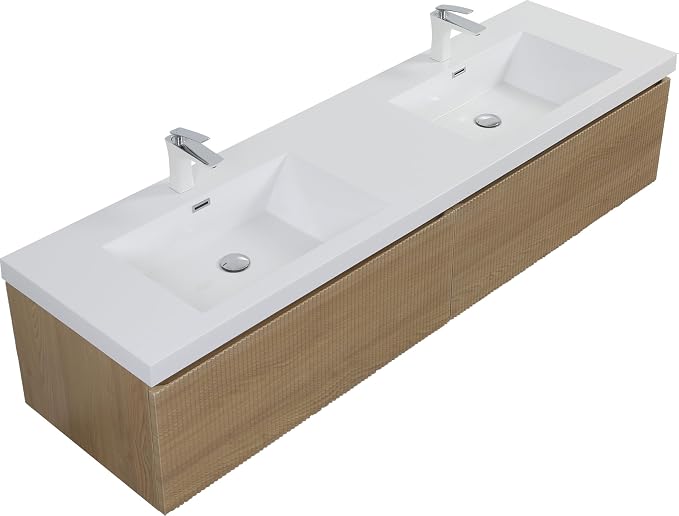 72 Inch Floating Bathroom Vanity with Double Sink, Modern Oak Wall Mounted Floating Vanity with Glossy Resin Sink and 2 Soft Closing Drawers, Fully Pre Assembled Bathroom Vanity, Natural Oak