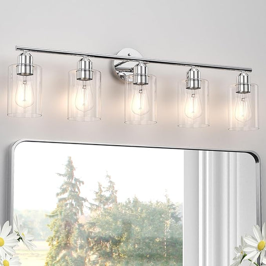 Espird Bathroom Vanity Light Fixtures Polished Chrome Bathroom Lighting Fixture, 5 Lights Bathroom Light Fixture Over Mirror, Modern Black Vanity Light, Wall Sconces with Glass Shades