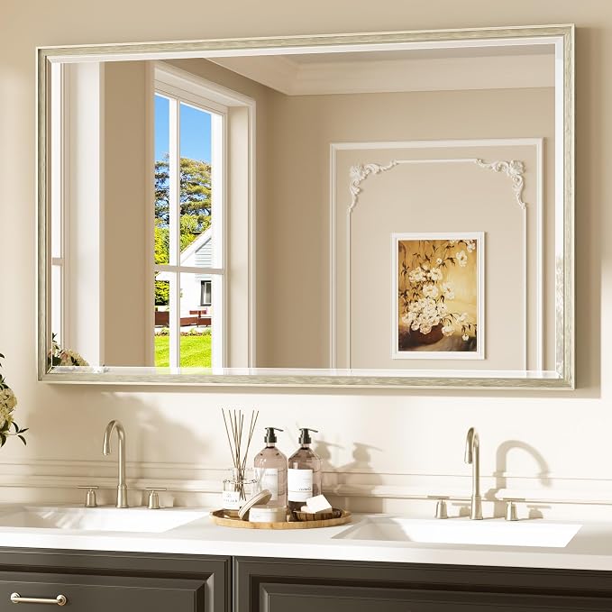 Keonjinn 48" x 30" Brushed Nickel Bathroom Mirrors for Over Sink, Aluminum | Safe Tempered Glass with Beveled Edge, Shatterproof, French Cleat, Lightweight, Metal Framed Mirror for Vanity, Silver