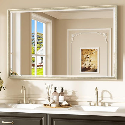 Keonjinn 48" x 30" Brushed Nickel Bathroom Mirrors for Over Sink, Aluminum | Safe Tempered Glass with Beveled Edge, Shatterproof, French Cleat, Lightweight, Metal Framed Mirror for Vanity, Silver