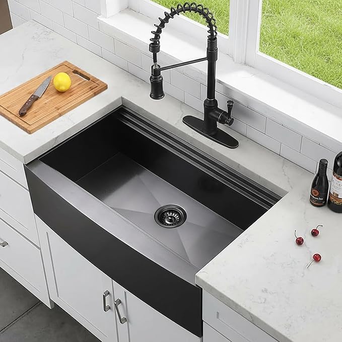 KINGO HOME 33 inch Black Farmhouse Sink, 16 Gauge Double Ledges Stainless Steel Farmhouse Kitchen Workstation, Apron Front Deep Single Bowl Kitchen Farm Farmer Style Sinks 33"x20"x9