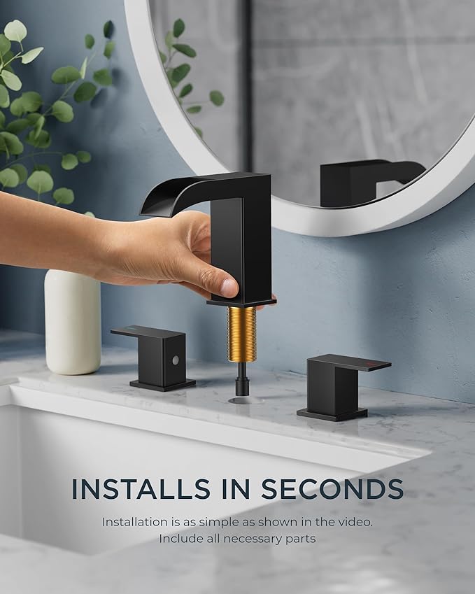 FORIOUS Matte Black Bathroom Faucets 3 Hole, 8 Inch Widespread Square Waterfall Bathroom Sink Faucet with Metal Pop-up Drain and cUPC Supply Lines, Two Handles for Vanity, Restroom, Commercial