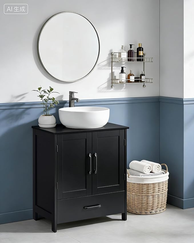 Bathroom Vanity Sink Cabinet, Under Sink Storage Cabinet with 2 Doors, Waterproof Pedestal Sink Cabinet for Bathroom, Laundry Room, Kitchen, Black with Drawer