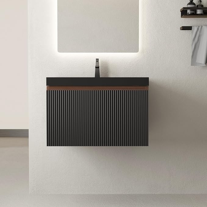 24 Inch Floating Bathroom Vanity with Sink, Wall Mounted Striped Storage Cabinet, Soft Close Drawer, Black Quartz Sand Basin, Fully Assembled, Smoked Walnut Finish