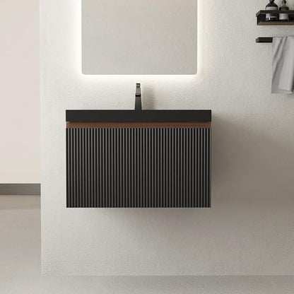 24 Inch Floating Bathroom Vanity with Sink, Wall Mounted Striped Storage Cabinet, Soft Close Drawer, Black Quartz Sand Basin, Fully Assembled, Smoked Walnut Finish