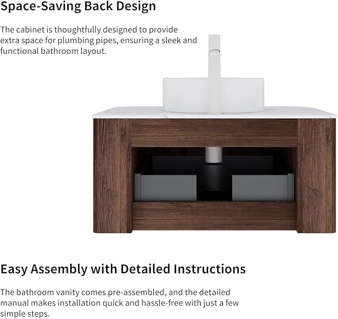 Yayzy 30" Floating Bathroom Vanity with Sink, Solid Wood Fluted Cabinet, White Round Ceramic Basin & Faux Marble Top, Soft-Close Drawer, Pre-Assembled, Walnut Woodgrain