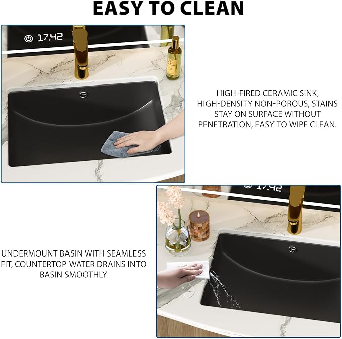 Black Undermount Bathroom Sink 21.1"x15.1"Ceramic Basin | Modern Porcelain Under Counter Bathroom Vanity Sink, Interior Bowl 19.2"x 13.1", Rectangular Undermount Basin with Overflow