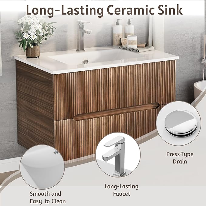 EROMMY 30 Inch Bathroom Vanity with Sink, Floating Bathroom Vanity with Ceramic Basin, Wall Mounted Bathroom Sink Cabinet Set with 2 Soft-Close Drawers, Faucet & Pop Up Drain, Walnut