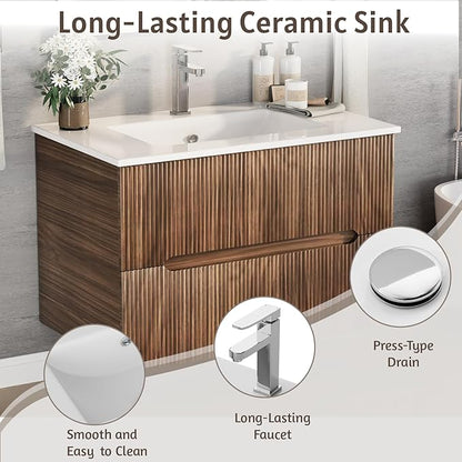EROMMY 30 Inch Bathroom Vanity with Sink, Floating Bathroom Vanity with Ceramic Basin, Wall Mounted Bathroom Sink Cabinet Set with 2 Soft-Close Drawers, Faucet & Pop Up Drain, Walnut