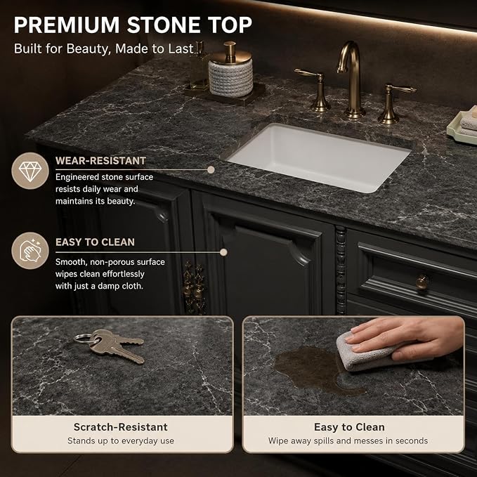 58 in Double Bathroom Vanity with Sinks - Modern Floating Bathroom Vanity with Solid Wood Cabinet, Anti-Fog Mirror and Integrated Stone Sinks | Wall Mounted Design | Ample Storage