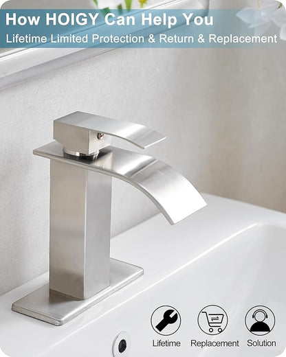 Brushed Nickel Bathroom Faucet Single Handle, Brass Waterfall Bathroom Sink Faucet 1 Hole or 4 Inch 3 Hole Bathroom Faucets with Deck Plate & Pop-up Drain Supply Hose for Lavatory No Splashing
