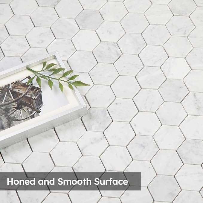 Carrara White Marble Mosaic Tile, 2 Inch Hexagon, Matte, Italian Bianco Carrera Marble Backsplash Tiles for Kitchen Bathroom Wall Floor, Pack of 5 Sheets | Natural Bianco Carrera, Marble Stone Backsplash Tiles for Kitchen, Bathroom, Shower Wall and Floor