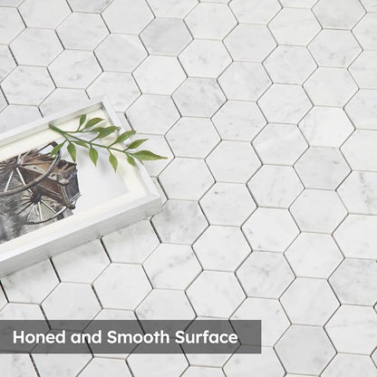Carrara White Marble Mosaic Tile, 2 Inch Hexagon, Matte, Italian Bianco Carrera Marble Backsplash Tiles for Kitchen Bathroom Wall Floor, Pack of 5 Sheets | Natural Bianco Carrera, Marble Stone Backsplash Tiles for Kitchen, Bathroom, Shower Wall and Floor