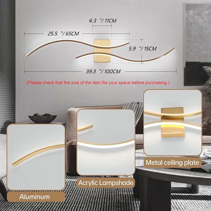 CANEOE Modern Led Wall Light Set of Two, 39inch Gold Indoor Led Wall Sconce Lighting, Bathroom Vanity Light Fixtures Over Mirror for Living Room Hallway Bedroom Bedside Wall Lamp (Gold,6000K,2 Packs)
